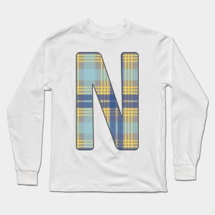 Monogram Letter N, Blue, Yellow and Grey Scottish Tartan Style Typography Design Long Sleeve T-Shirt